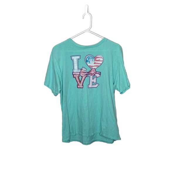Delta Tops - Delta Pro Weight Red White Blue Graphic Print LOVE America Teal  T-Shirt Sz L